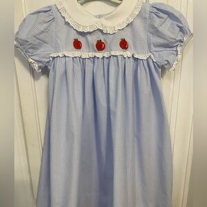 Blue Gingham Kids Dress with Apple Embroidery